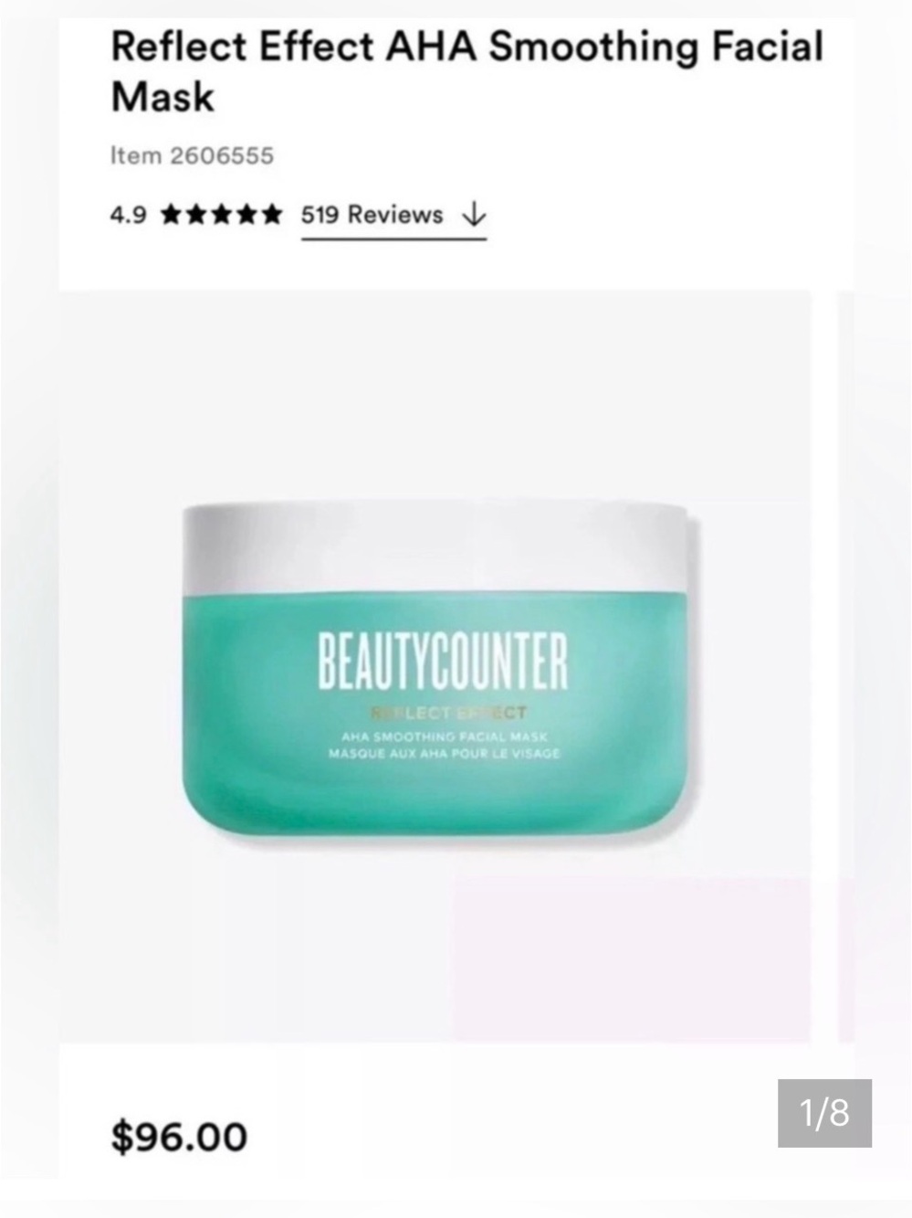 Beautycounter Reflect Effect AHA Smoothing Facial Mask - Aqua Green Jar